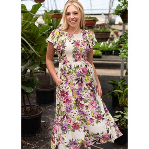 Women's ODDI White Purple Floral Smocked Midi Dress M